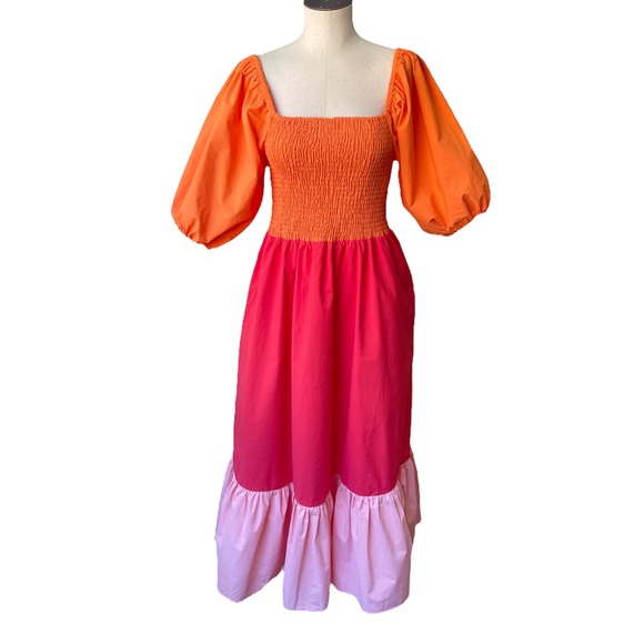 NWT Rhode Eloise Puff Sleeve Colorblocked Midi Dress in Clementine Multi - Picture 5 of 12